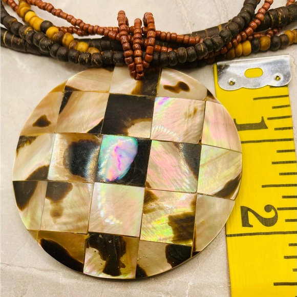 Multicolor Multi Strand Wood Beaded Necklace with Mosaic Mother of Pearl Pendant - Picture 6 of 7